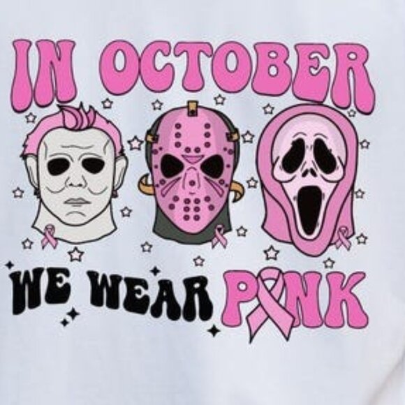 In October We Wear Pink Horror Halloween Shirt, Spooky Breast Cancer Tee - Picture 2 of 3